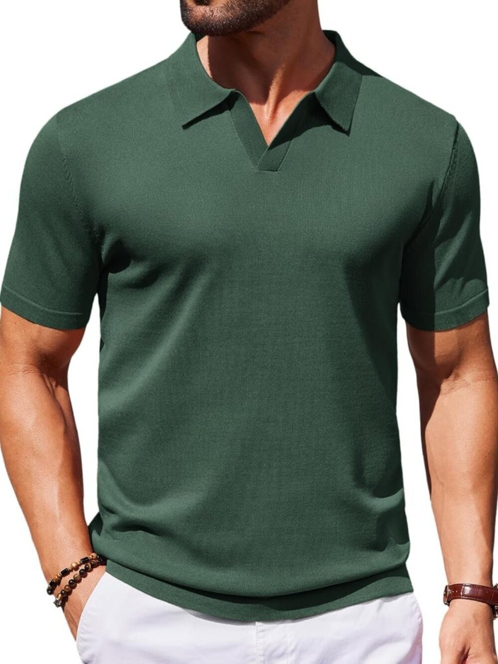 Women's Dark Green V-Neck Short Sleeve Stretch Knit Polo Shirt Top